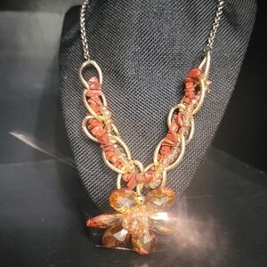 Gold-Tone Statement Necklace with Orange Crystal Flower